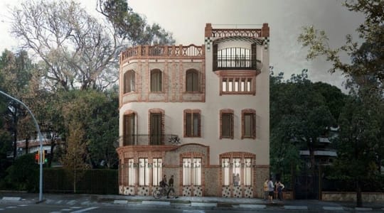 Exterior view of Casa Hurtado, a modernist building in Pedralbes, Barcelona, with scaffolding indicating ongoing renovation w