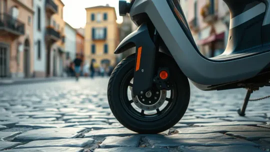 Electric scooter parked on a stone pavement in Barcelona, representing urban life.