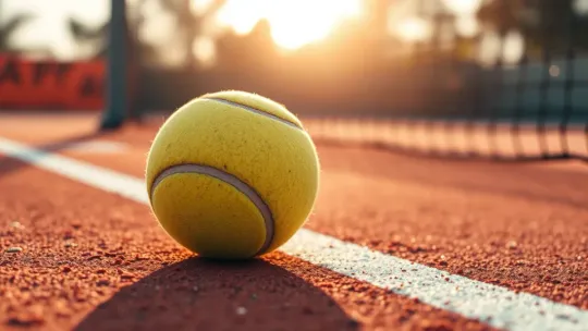 A tennis ball resting on a clay court at the Barcelona Open Banc Sabadell.