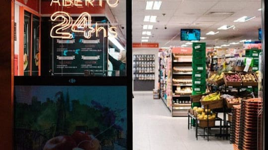 Shopfronts on a busy Barcelona commercial street, including an extended-hours supermarket.