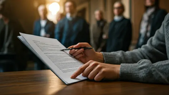 A hand points to a legal document outlining housing rights, symbolising tenant protections.