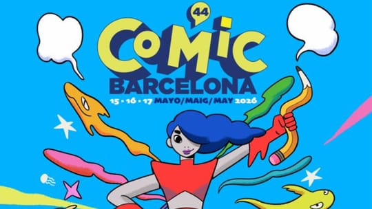 A vibrant, colourful comic convention poster featuring iconic Barcelona landmarks like the Venetian Towers of Montjuïc.