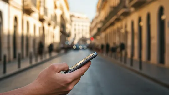 A hand holding a mobile phone in a city street, symbolising petty theft in an urban environment.