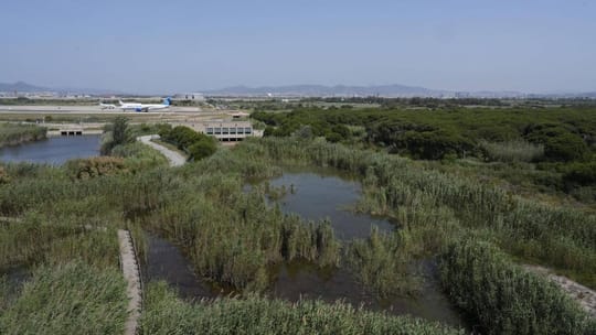 Aerial view of Barcelona-El Prat Airport with runways extending towards the Llobregat Delta wetlands and the Mediterranean Se