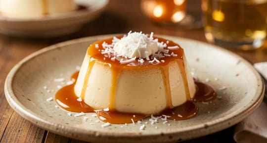 A homemade flan with caramel sauce and shredded coconut on top, served on a white plate.