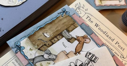 A person's hands carefully opening a decorated envelope with a letter and small artistic items inside, suggesting a mail club