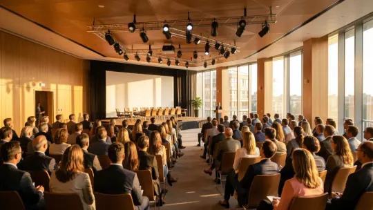 Modern conference room in Barcelona prepared for an economic event, with chairs and a large screen.