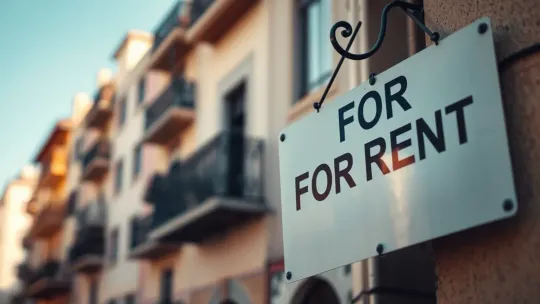 A 'For Rent' sign on a residential building balcony in Barcelona.