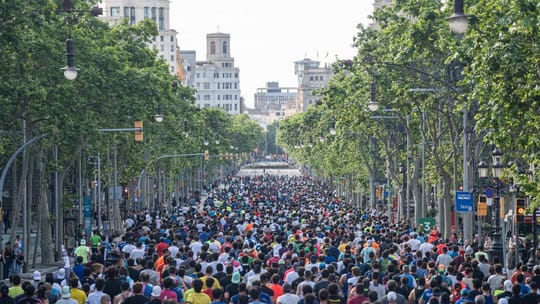 Runners participating in a large race on a wide city street in Barcelona, with buildings and spectators in the background.