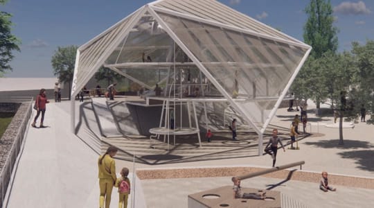 Rendered image of the turtle-shaped playground in Trinitat Nova, Barcelona, showing children playing on its multi-level struc