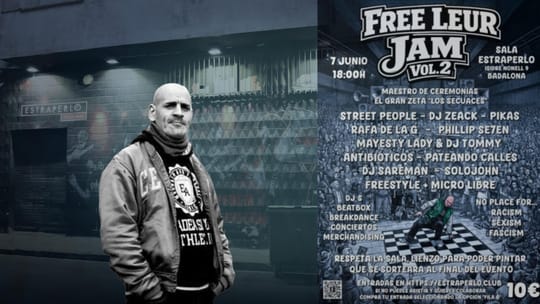 A crowd gathered at a music venue with a stage, featuring DJs and beatboxers performing. A banner reads 'Free Leur'.