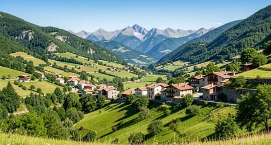 A scenic view of the Aran Valley in the Catalan Pyrenees, showing traditional villages nestled among green mountains under a 