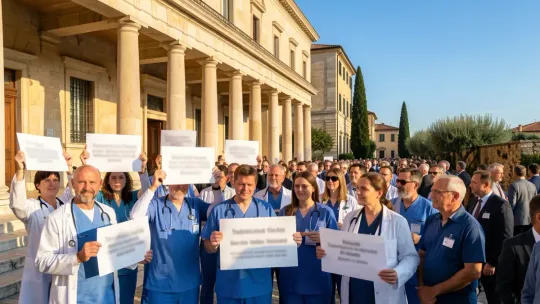 Doctors protesting in front of a government building, holding signs and banners.