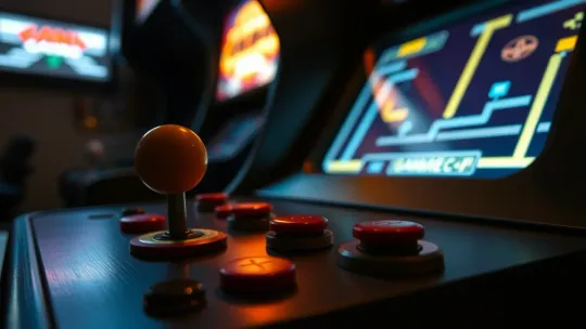 A classic arcade joystick with illuminated buttons, representing the gaming culture at RetroBarcelona.