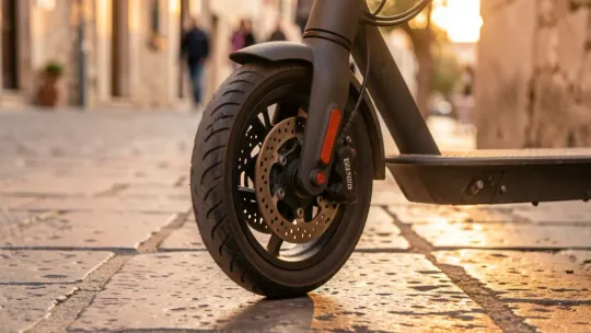 An electric scooter parked on a city street in L'Hospitalet de Llobregat, symbolising urban mobility and recent enforcement.