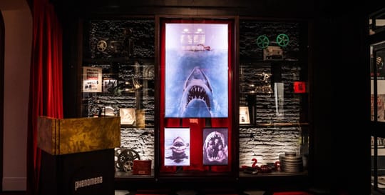 People watching a film in a dark cinema with a large screen showing movie credits