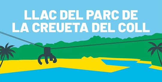 People swimming and relaxing in the Creueta del Coll lake in Barcelona, surrounded by green parkland and hills.