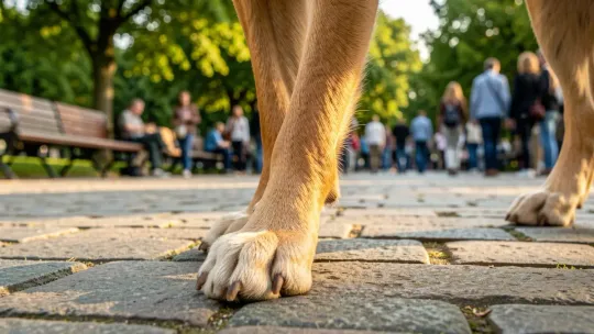 A dog on a lead walks through a sunny urban park with trees and grass in Barcelona.