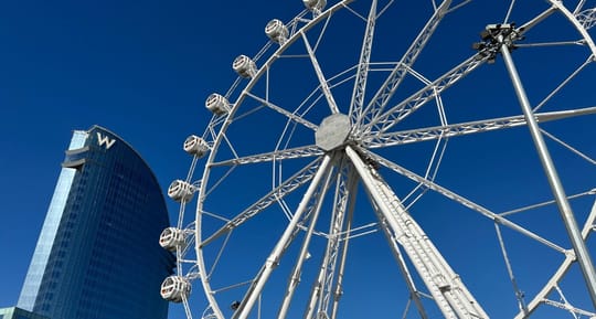 Monumental Ferris Wheel near Hotel W Barcelona, with the sea and city in the background