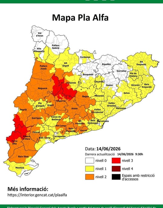 A red fire risk warning sign in a dry forest area in Catalonia