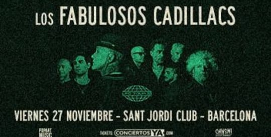 Los Fabulosos Cadillacs performing live on stage with a large crowd in front of them.