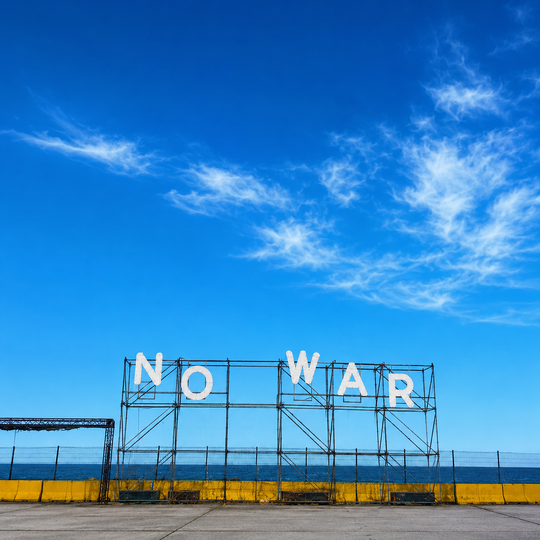The NO WAR sign against a blue sky on the seafront at Parc del Forum, Barcelona