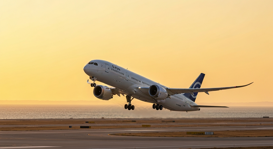 Passenger jet taking off from Barcelona El Prat at sunset