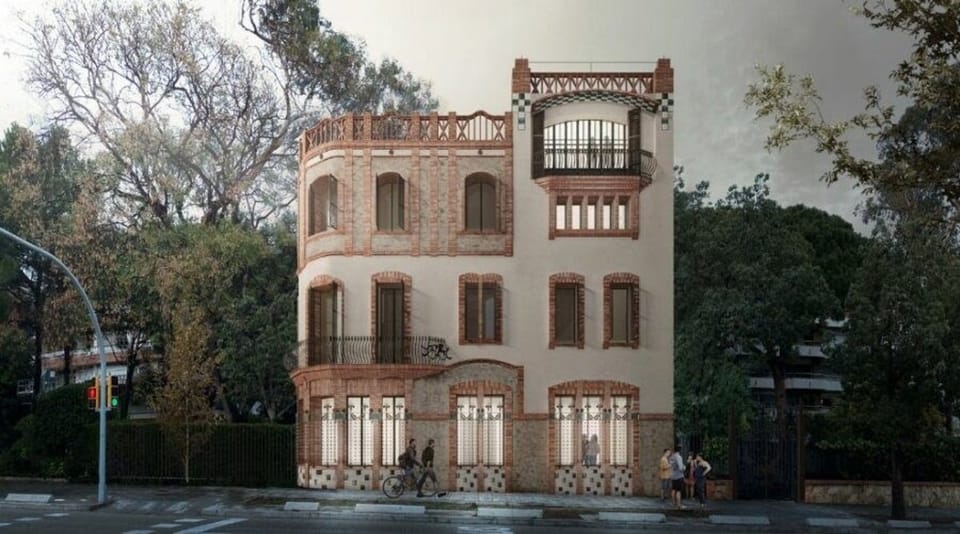 Exterior view of Casa Hurtado, a modernist building in Pedralbes, Barcelona, with scaffolding indicating ongoing renovation w