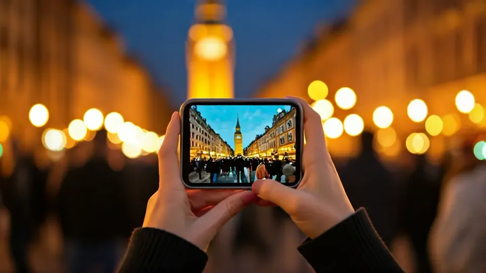 A tourist quickly taking a photo with a smartphone in a busy city street, representing 'fast look' tourism.