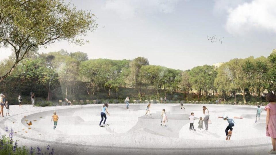 An artist's rendering of the transformed Plaça de Pablo Neruda, showing a modern pump track skating circuit, green areas, and