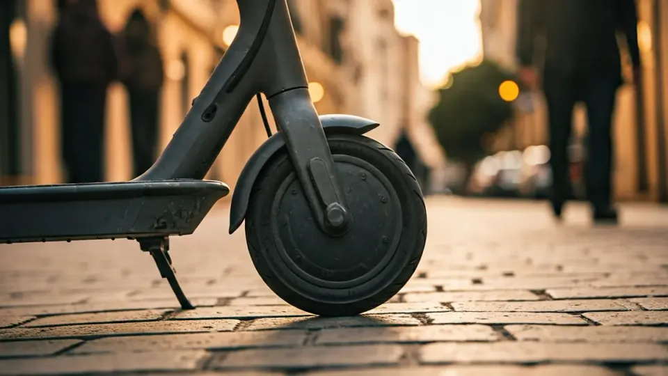An electric scooter wheel parked on a street in Barcelona, symbolising the city's second-hand market.