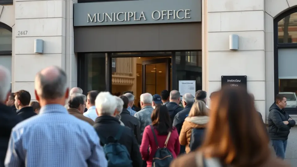 A long queue of people waiting outside a municipal building, representing the high demand for social services.