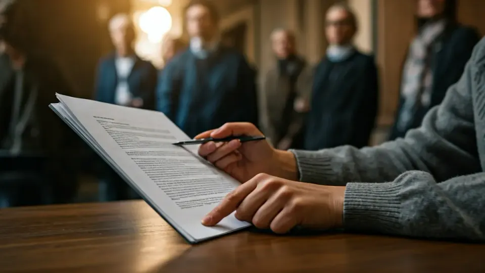 A hand points to a legal document outlining housing rights, symbolising tenant protections.