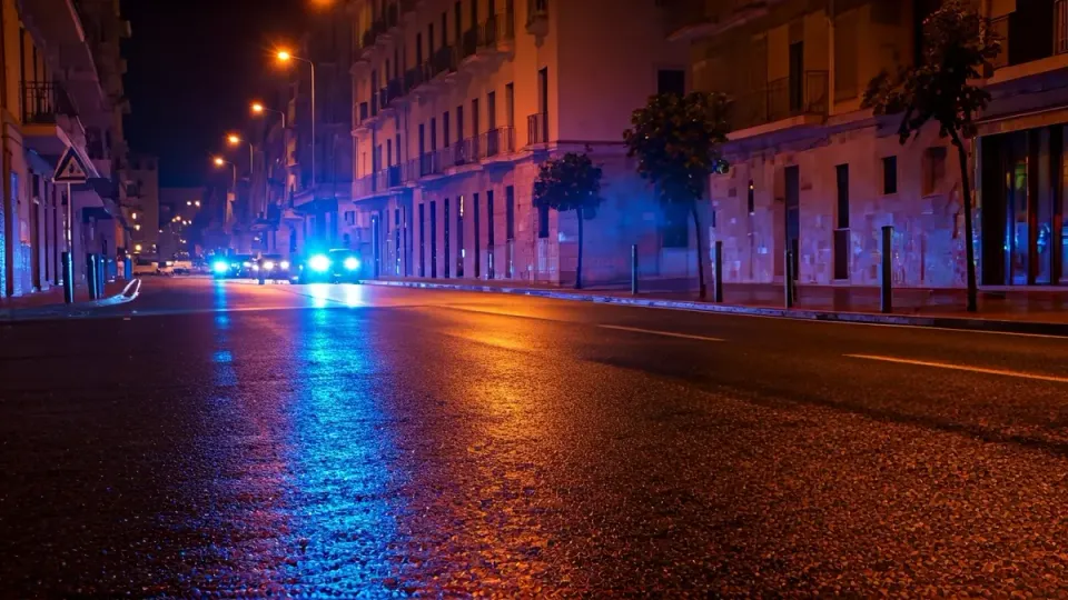 Emergency vehicle lights reflect on wet asphalt at night, symbolising a police operation.