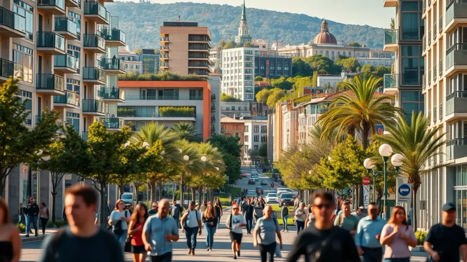 A modern, regenerated urban landscape with new buildings and green spaces near a river.