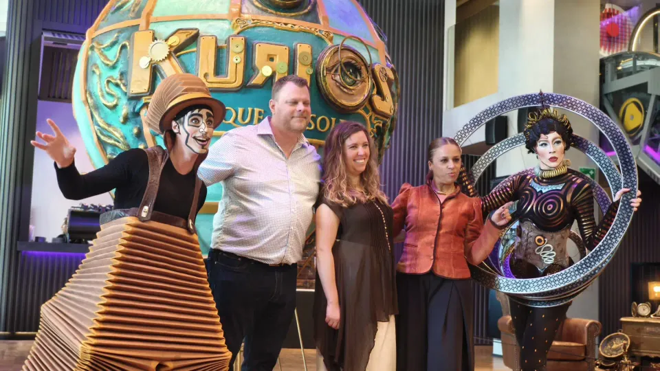 A colourful, fantastical display of costumes and props from the Cirque du Soleil 'Kurios' show, set up in an exhibition space