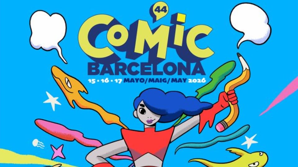 A vibrant, colourful comic convention poster featuring iconic Barcelona landmarks like the Venetian Towers of Montjuïc.