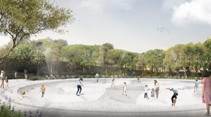 Rendered view of the transformed Plaça de Pablo Neruda with a pump track and green spaces.