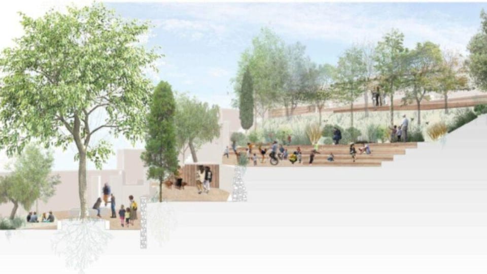 The wooded gardens and stone walkways of Park Güell in Barcelona.