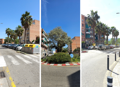 Roadworks underway on a street in Ripollet, with construction barriers and machinery visible.