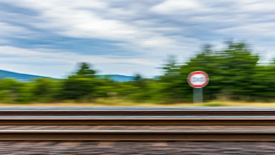 A train track with a speed limit sign, indicating temporary restrictions on the Rodalies network.
