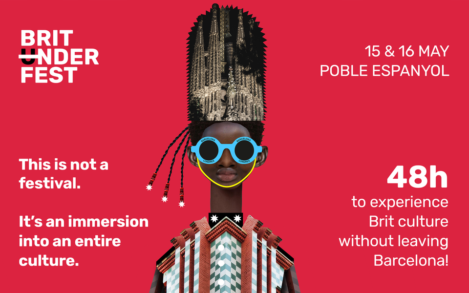 Brit Under Fest 2026 key visual: a model wearing a Sagrada Família headdress and bright glasses against a red ground, with the festival wordmark and the dates 15 and 16 May, Poble Espanyol