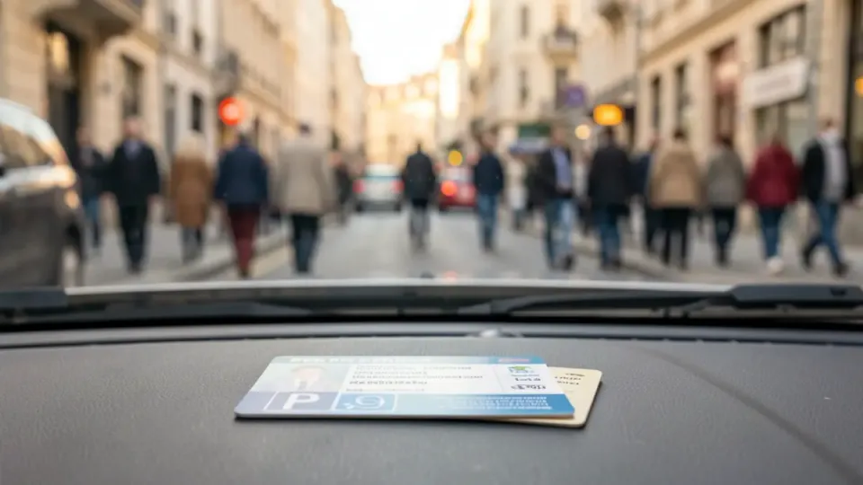 A blue disabled parking permit card displayed on a car dashboard in Barcelona.