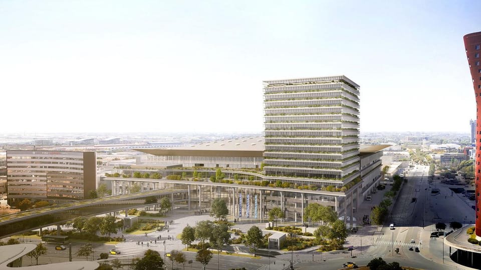 Virtual rendering of Fira de Barcelona's future 'Hall Zero' pavilion, showing a large, modern exhibition space with multiple 