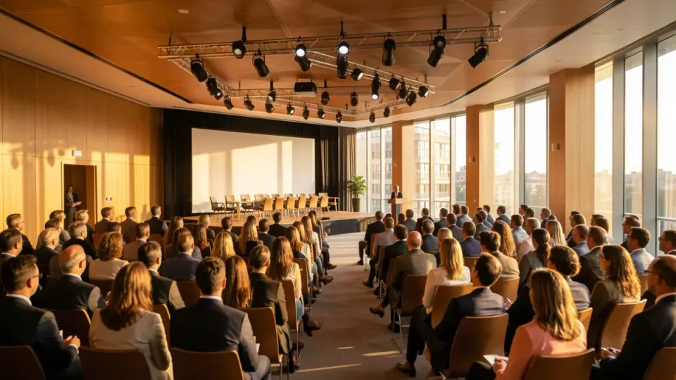 Modern conference room in Barcelona prepared for an economic event, with chairs and a large screen.