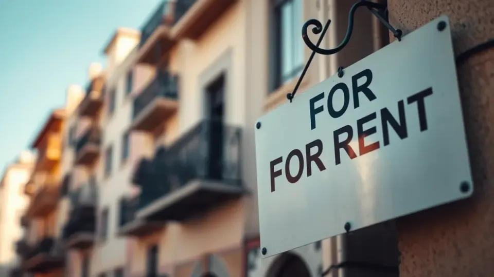 A 'For Rent' sign on a residential building balcony in Barcelona.