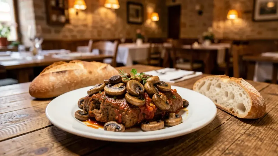 A plate of traditional Catalan fricandó, a beef stew with wild mushrooms, served in a Barcelona restaurant.
