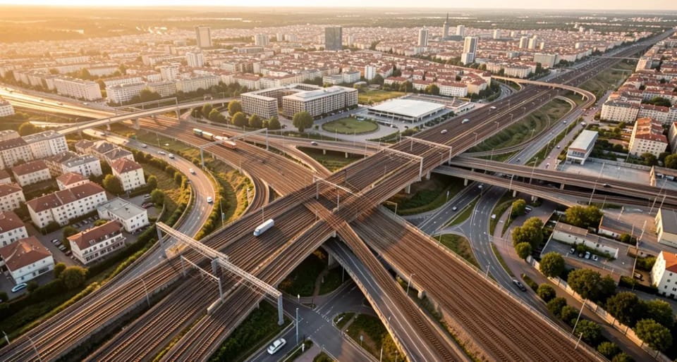 An overhead view of a complex network of roads, railway lines, and metro tracks, symbolising interconnected transport infrast