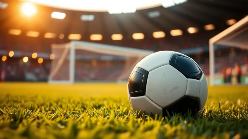 A football rests on the green grass of a football pitch, with white lines visible, under natural light.