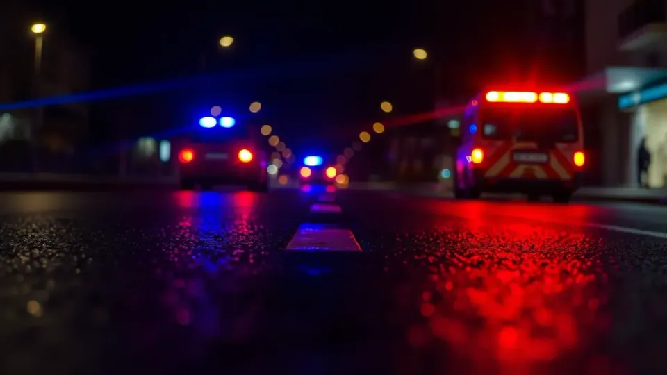 Emergency vehicle lights reflecting on wet street at night in an urban area.